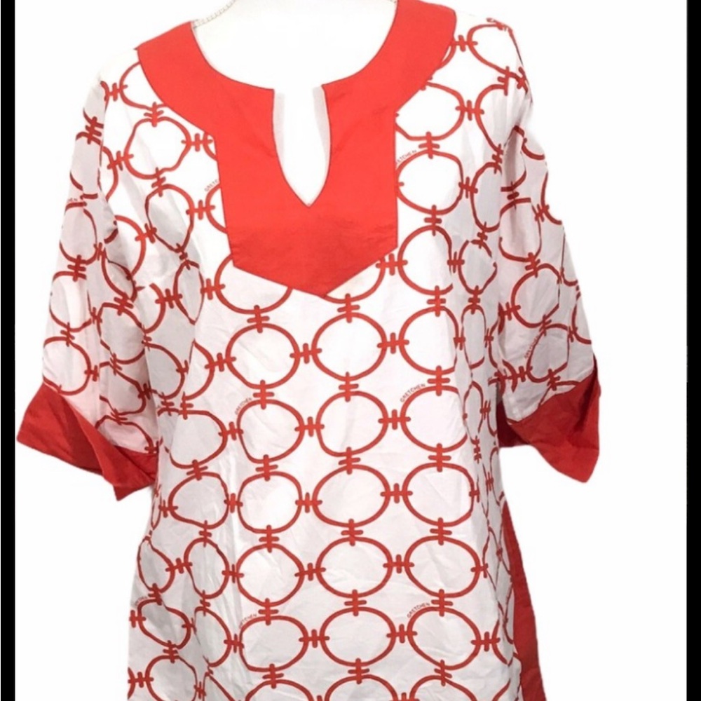 Gretchen Scott Orange & White Logo Print Tunic Top Split Neck